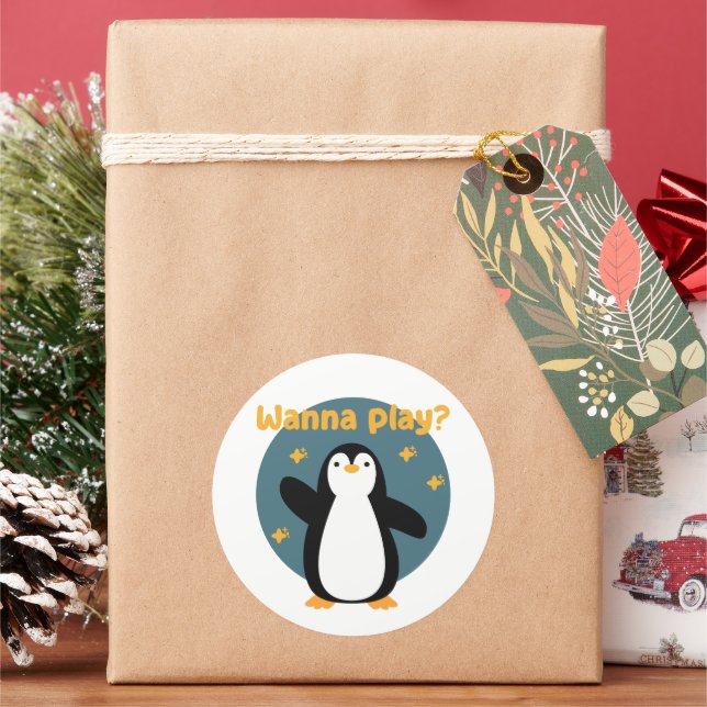Wanna play Kawaii funny cute penguin bird Classic Round Sticker (Holiday)