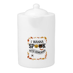 Wanna Spook Somebody Halloween Pumpkins Spider Bat Teapot