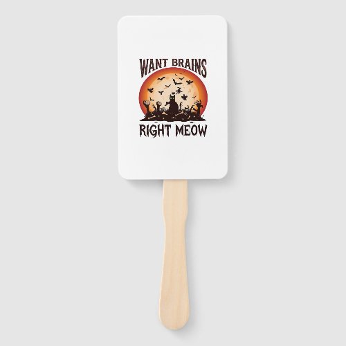 Want Brains Right Meow Halloween Black Cat Orange Hand Fan