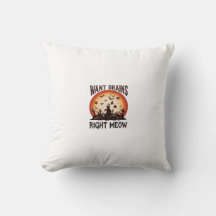 Want Brains Right Meow Halloween Black Cat Orange Throw Pillow