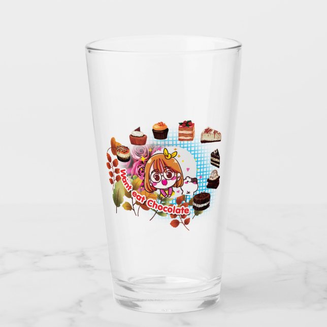 Want eat Chocolate Cake Drinkware Glass (Front)