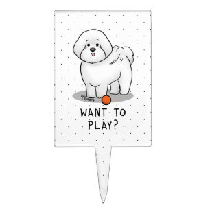 Want to Play? Bichon Frise Dog with Ball Cute Cake Topper