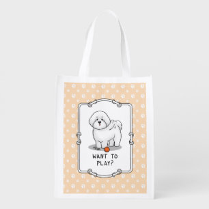 Want to Play? Bichon Frise Dog with Ball - Cute Grocery Bag