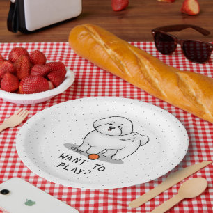 Want to Play? Bichon Frise Dog with Ball Cute Paper Plates
