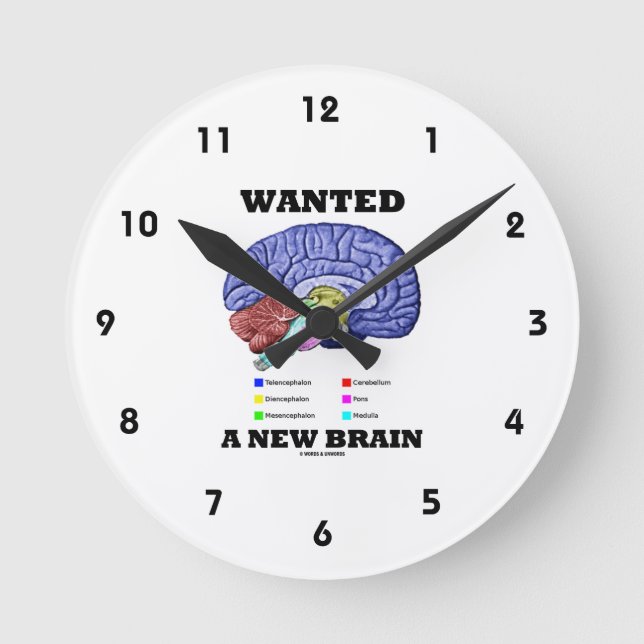 Wanted A New Brain (Anatomical Brain Attitude) Round Clock (Front)