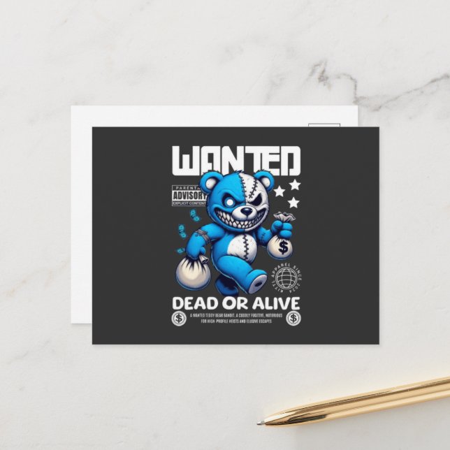 Wanted Bandit Bear Art Postcard - Quirky Blue Bear (Front/Back In Situ)