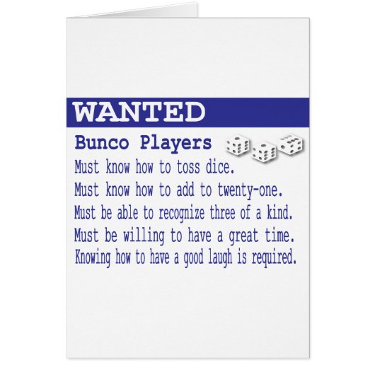 wanted bunco players cards (Front)
