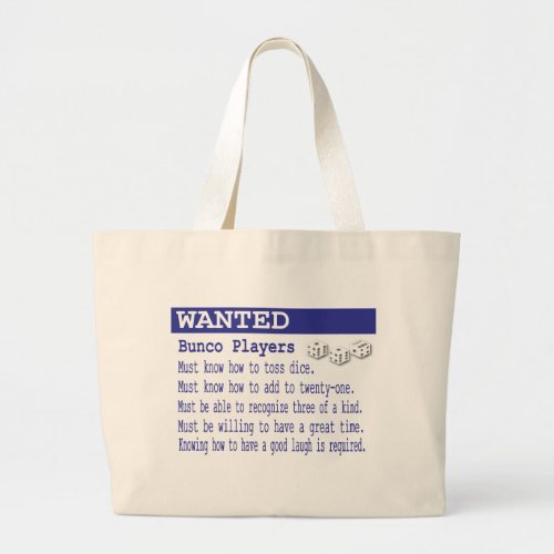 wanted bunco players large tote bag