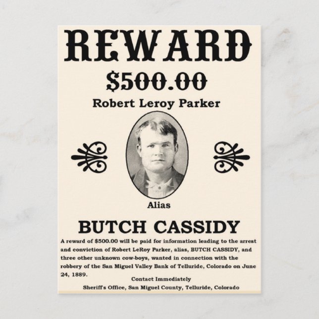 Wanted Butch Cassidy Postcard (Front)
