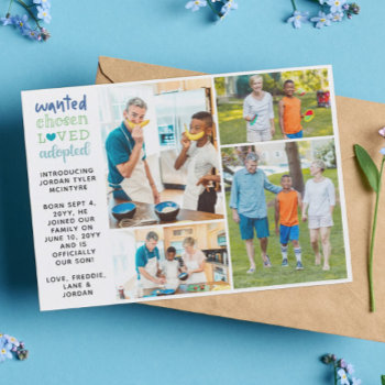 Wanted Chosen Loved Adopted Blue Photo Collage Announcement by Paperpaperpaper at Zazzle
