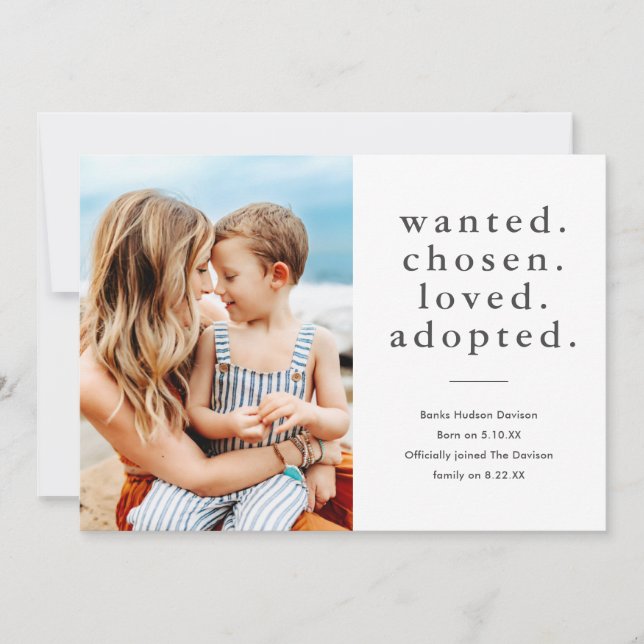 Wanted Chosen Loved Adopted Minimal Photo Adoption Announcement (Front)