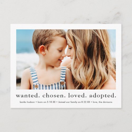 wanted chosen loved adopted Minimal Photo Adoption Postcard