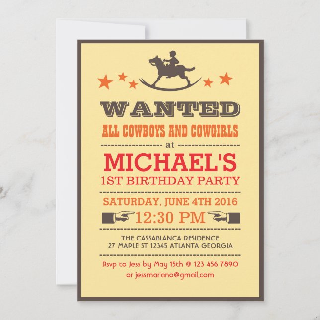Wanted Country Western Cowboy Birthday Invitation (Front)
