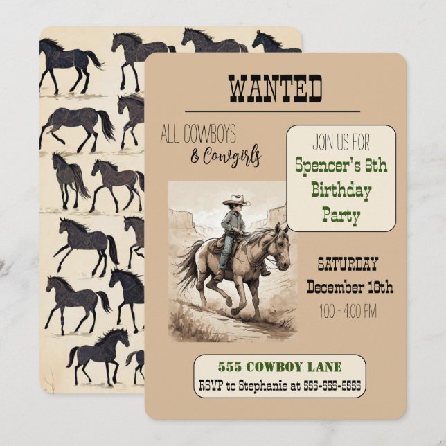 WANTED Cowboy Birthday Party - Riding Cowboy Invitation (Front/Back)