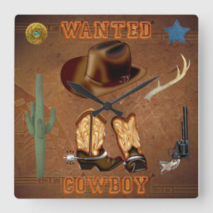 Wanted Cowboy boots hat gun cactus western Square Wall Clock
