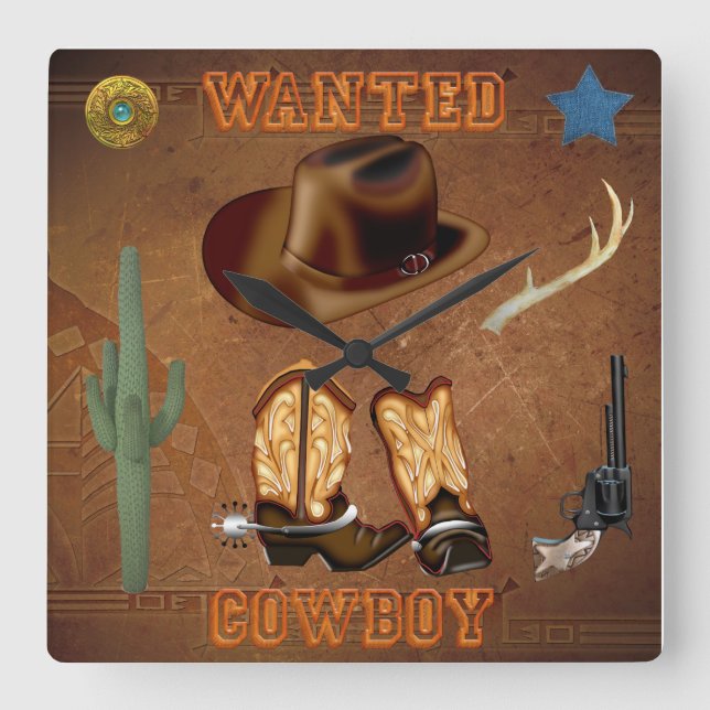Wanted Cowboy boots hat gun cactus western Square Wall Clock (Front)