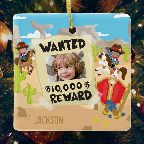 Wanted Cowboy with Photo and Name Boy Christmas Ceramic Ornament