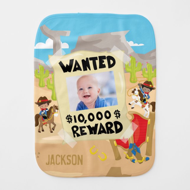 Wanted Cowboy with Photo and Name, Little Boy Baby Burp Cloth (Front)