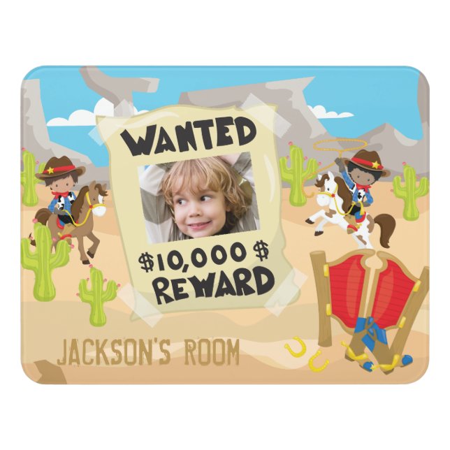 Wanted Cowboy with Photo and Name, Little Boy Door Sign (Contemporary Front)