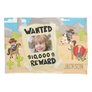 Wanted Cowboy with Photo and Name, Little Boy Pillow Case