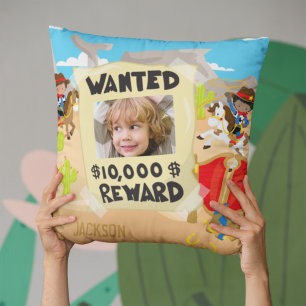 Wanted Cowboy with Photo and Name, Little Boy Throw Pillow