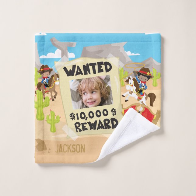Wanted Cowboy with Photo and Name, Little Boy Wash Cloth (Wash Cloth)