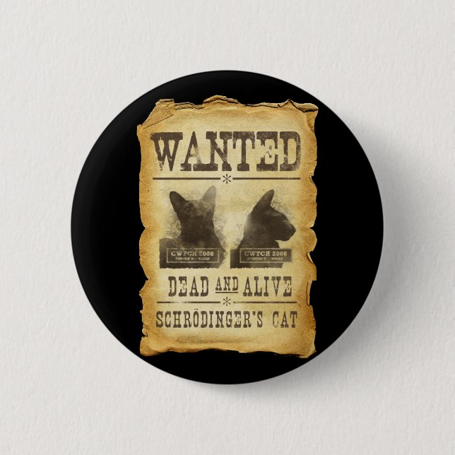 Wanted dead and alive.  Schroedinger's cat. Pinback Button (Front)