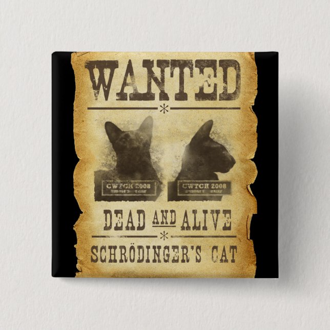 Wanted dead and alive.  Schroedinger's cat. Pinback Button (Front)