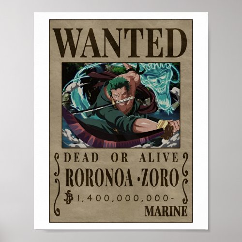 Wanted Dead Or Alive Roronoa Zoro Poster