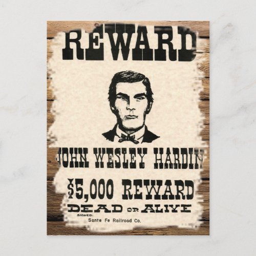 Wanted John Wesley Hardin Postcard