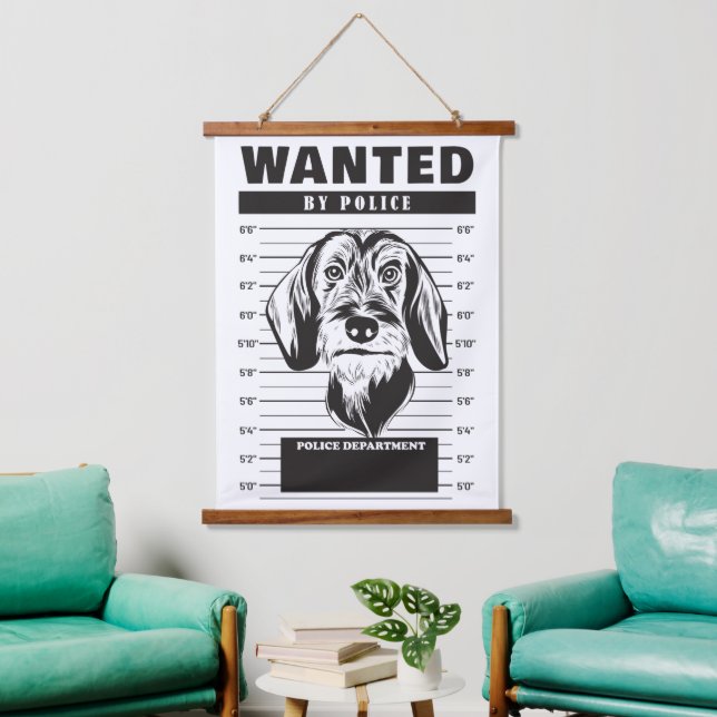 Wanted Mugshot of Wire Haired Dachshund Hanging Tapestry (Living Room)