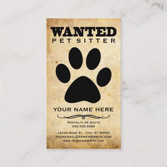 wanted pet sitter poster business card (Front)