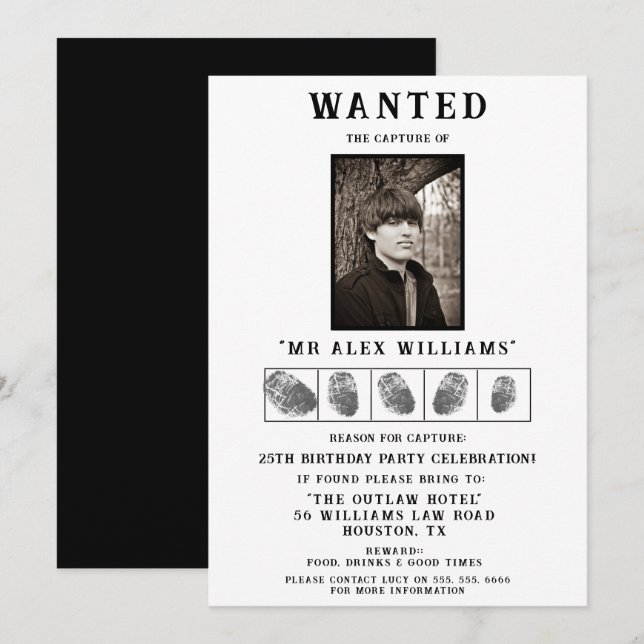 "Wanted" Photo Birthday Party Invitation (Front/Back)