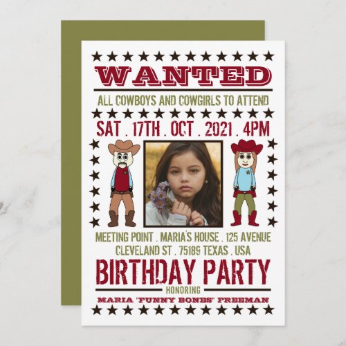 Wanted Poster Cartoon Western Birthday Invitation