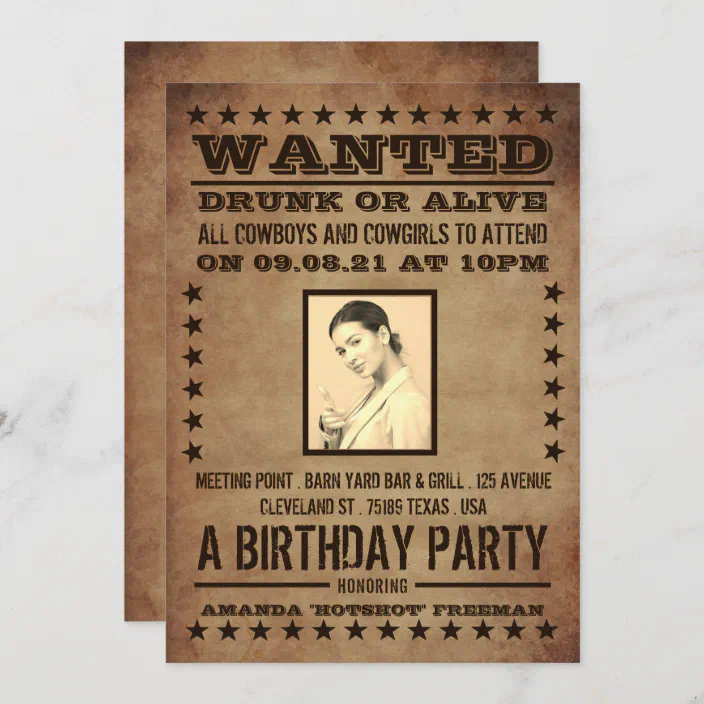 Wanted Poster Western Theme Birthday Party Invitations FREE SHIPPING! 