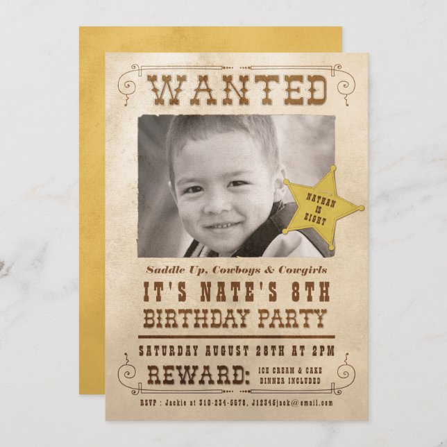 Wanted Poster Cowboy Western Birthday Party Invitation (Front/Back)
