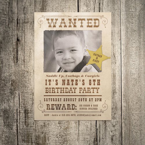 Wanted Poster Cowboy Western Birthday Party Invitation