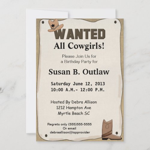 Wanted Poster Cowgirl Birthday Invitation