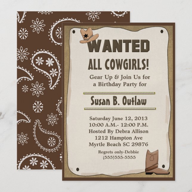 Wanted Poster Cowgirl/Cowboy Birthday Invitation (Front/Back)
