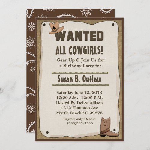 Wanted Poster CowgirlCowboy Birthday Invitation