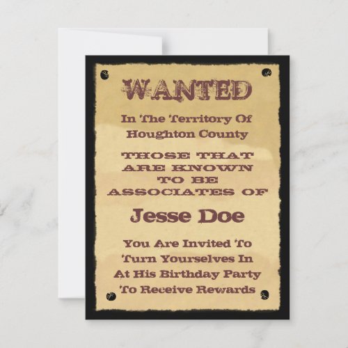 Wanted Poster Invitations to Western Themed Party