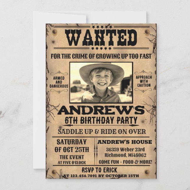 Wanted Poster Western Cowboy with Photo Birthday  Invitation (Front)
