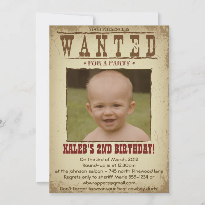 FREE SHIPPING! Wanted Poster Western Theme Birthday Party Invitations 