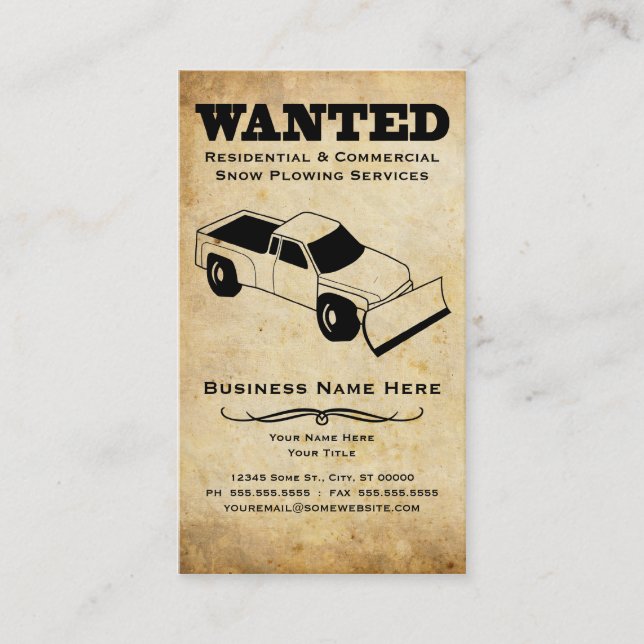 wanted : snow plow services business card (Front)