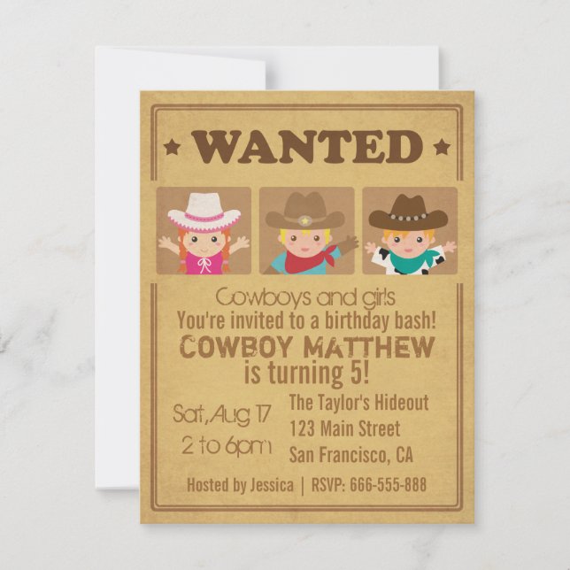 Wanted Vintage Poster Cowboys and girls Party Invitation (Front)