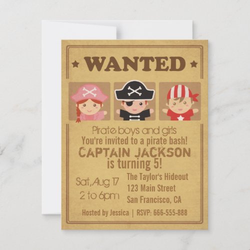 Wanted Vintage Poster Pirates Boys and Girls Party Invitation