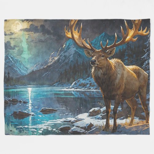Wapiti Elk  Winter Lights Fleece Blanket