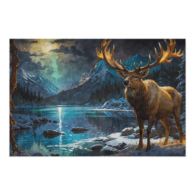 Wapiti (Elk) & Winter Lights Poster (Front)