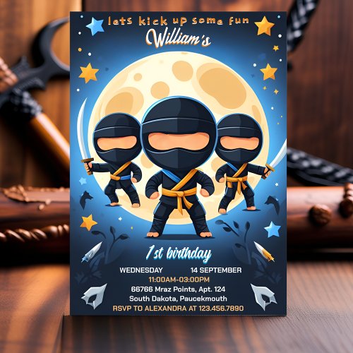War Fight Boy Moon Ninja Warrior 1st Birthday Invitation