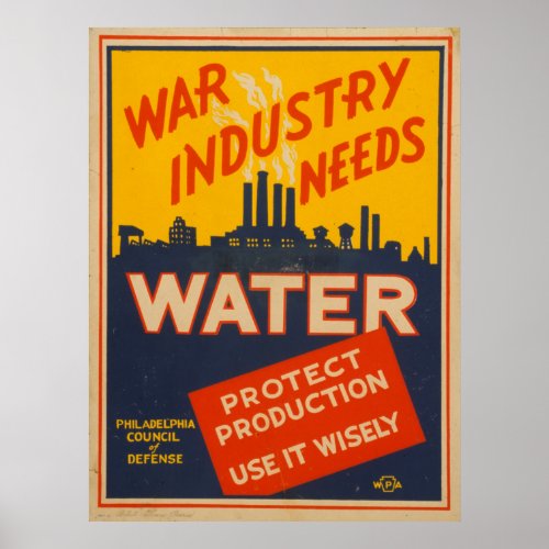 War Industry Water Vintage 1943 WPA Poster